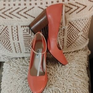 Clarks Crumble Berry Coral And Beige T-Strap Block Heels